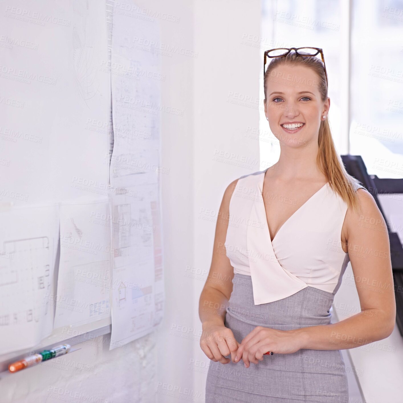 Buy stock photo Portrait, engineering or woman with blueprint on board or paper for development project planning. Confident lady, architecture or happy designer with smile for sketching floor plan of office building