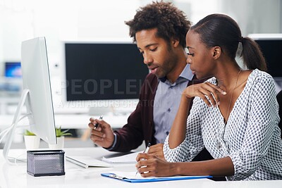 Buy stock photo Teamwork, thinking and business black people in office together for planning or idea report. Collaboration, documents or meeting with young woman and man employee in workplace for agenda or review