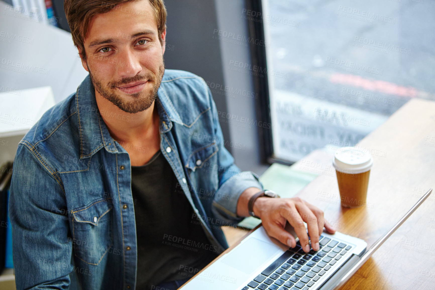 Buy stock photo Man, laptop and writer portrait in cafe, research and plan article for internet blog in bistro. Coffee cup, restaurant and person online for remote work, copywriting story and freelancer at diner