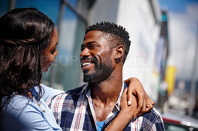 Buy stock photo Love, happy and couple in city together for travel adventure, honeymoon weekend and connection in marriage. People, romance and bonding on anniversary holiday with affection, embrace and relationship