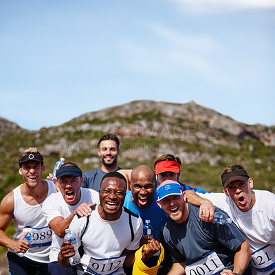 Buy stock photo Excited men, runner and marathon group outdoor with team building, competition energy or ready for race. Blue sky space, people or diversity athletes with fitness portrait, shouting or sports passion