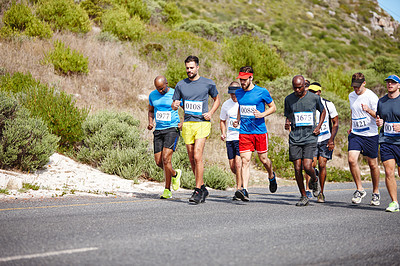 Buy stock photo Competition, men and running group in road for fitness marathon, endurance challenge and diversity. Sports, athlete and cardio exercise with race, performance and contest for healthy body or wellness