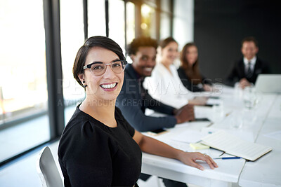 Buy stock photo Meeting, portrait and businesswoman in conference room with business people, confidence and leadership. Boardroom, men and women in office for planning, strategy or b2b workshop at creative startup