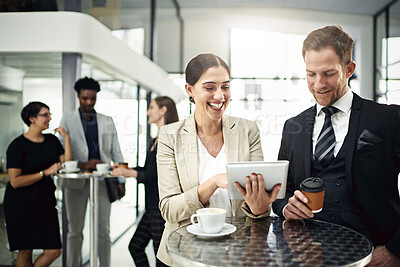Buy stock photo Business people, networking and discussion with coffee at event, tablet and share ideas at conference. Tea, technology  or happy man and woman discussing, chat and break for collaboration at seminar