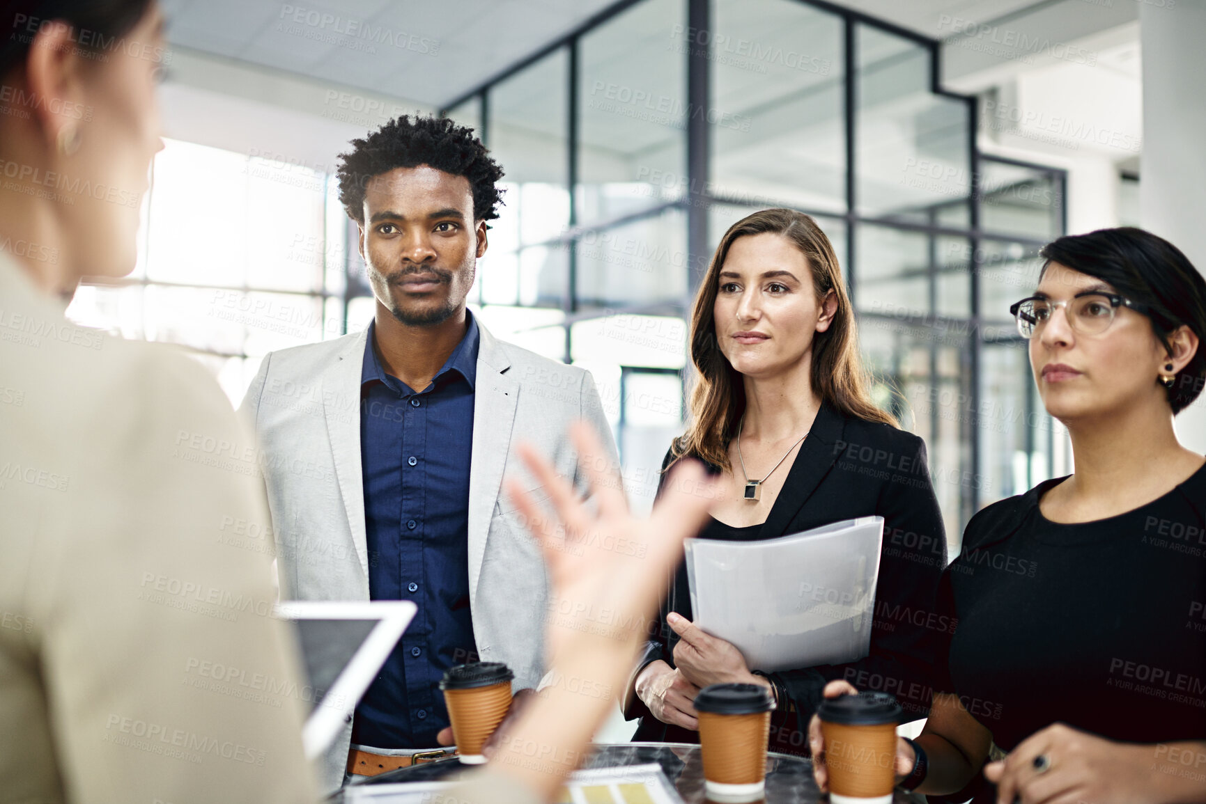 Buy stock photo Group, business and people in meeting with tablet in office or workshop for coaching with collaboration. Team, man and woman with trust or support for planning or idea for project proposal or goals