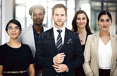 Buy stock photo Teamwork, lawyers and portrait of business people in office for partnership, collaboration and about us. Professional, corporate diversity and men and women with confidence, company pride and smile