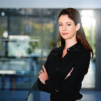 Buy stock photo Portrait, journalist and business woman with pride in office, smile or positive workplace. Content writer, face and female person with arms crossed, ambition and professional for journalism career