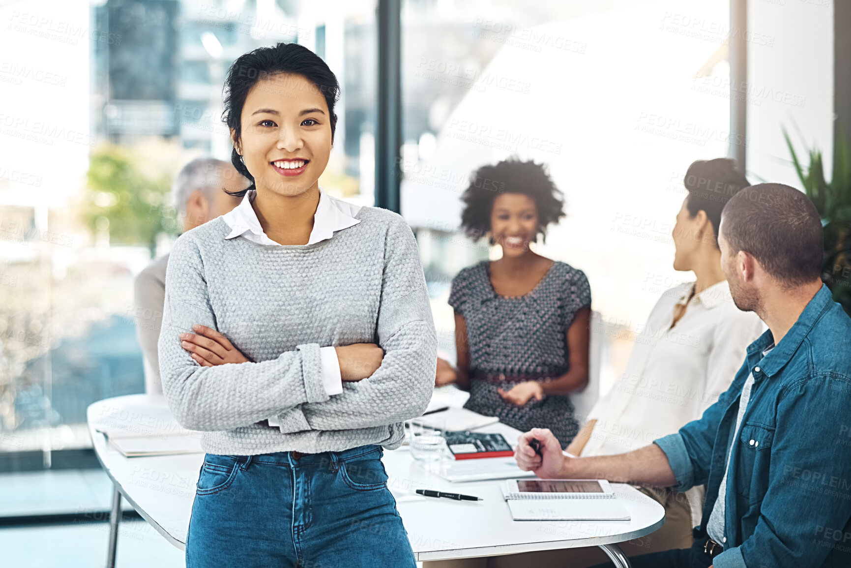Buy stock photo Woman, manager and planning at table for finance strategy, creative and discussion. Business meeting, employee and team brainstorm for vision of company, collaboration and management for startup
