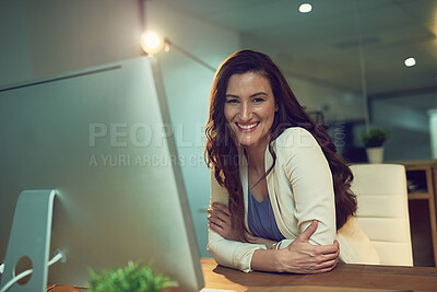 Buy stock photo Office, computer and portrait of business woman at night working on online project, planning and overtime. Corporate, professional and person on PC monitor for proposal review, website and research