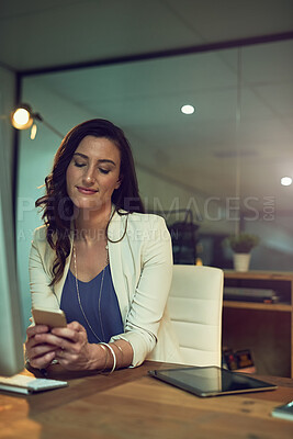 Buy stock photo Night, employee and woman with smartphone, typing and deadline with internet, contact and social media. Consultant, evening and entrepreneur with cellphone, ideas and digital app with connection