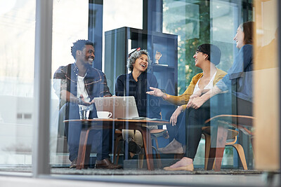 Buy stock photo Glass wall, laptop and business people in meeting, brainstorming and planning with joke in office. Group, staff or employee with computer, conversation and cooperation with creative agency or talking