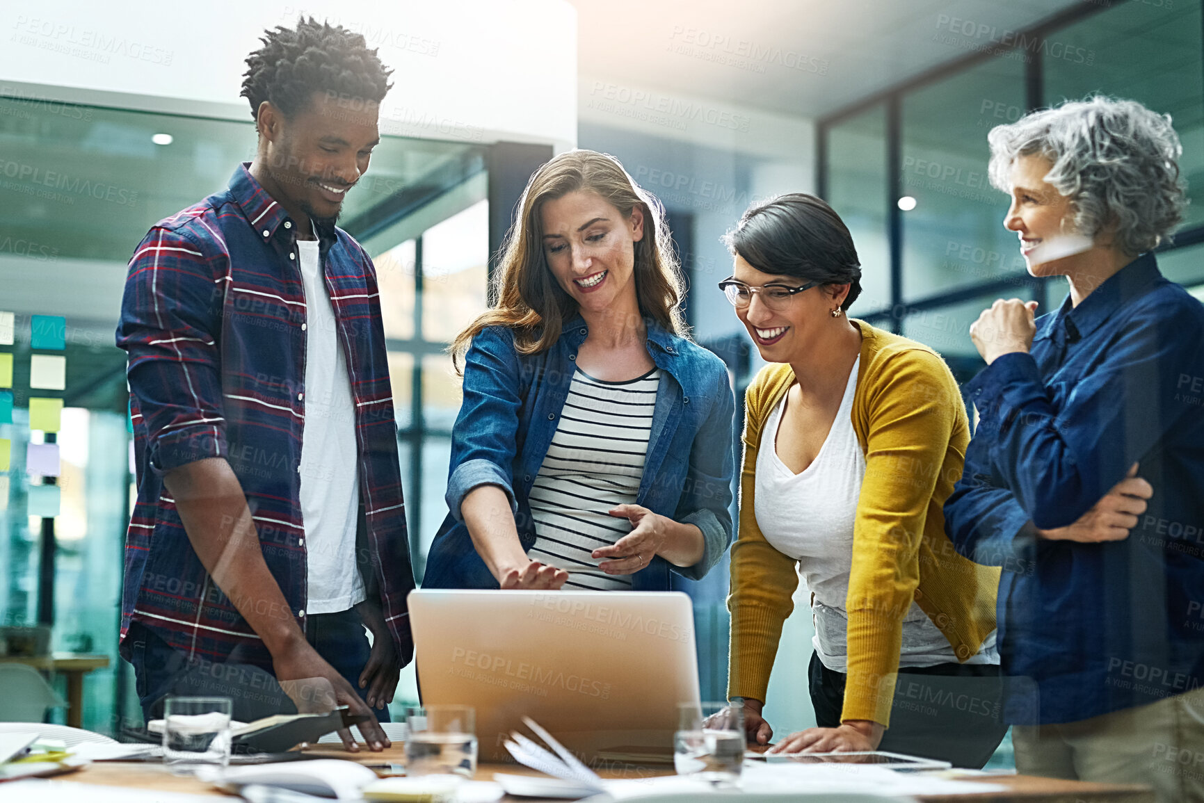 Buy stock photo Laptop, happy group and creative business people brainstorming, discussion or planning in startup with manager. Computer, diverse team or collaboration for strategy, meeting or copywriter training