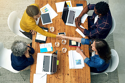 Buy stock photo Creative, businesswoman and handshake for success in office for promotion or partnership deal. Happy, people and
introduction or collaboration on achievement on negotiation for mission goal
