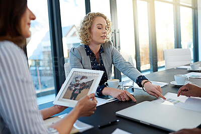 Buy stock photo Business people, boardroom and tablet for talk on design, teamwork and problem solving. Employees, speaking and office for collaboration at creative training, research and meeting for online project