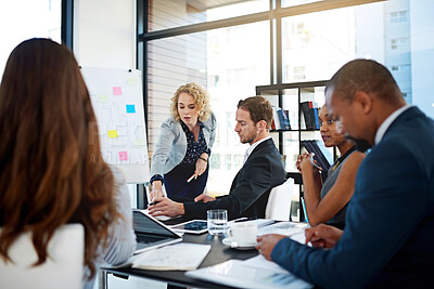 Buy stock photo Board, tablet or businesswoman in presentation for teaching or skill development in meeting in office. Support, ideas or speaker talking for budget, training or coaching for learning info and sales