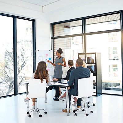 Buy stock photo Business people, woman or teaching on whiteboard in presentation, education or training data in meeting. Graphs, financial coaching or speaker planning for staff on leadership in workshop or speech