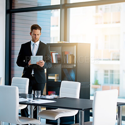 Buy stock photo Corporate, man and tablet in boardroom for internet or search, information and networking as broker. Entrepreneur, business and communication with online results, ideas and meeting preparation