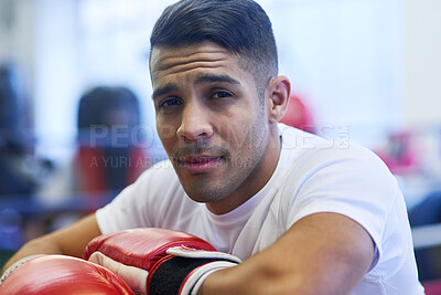 Buy stock photo Gym, boxer or man in portrait for workout, exercising and training for competition. Professional, male athlete and break in ring relaxing or resting, commitment and mma fighter with motivation
