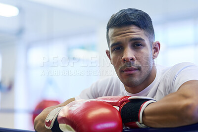 Buy stock photo Gym, fighter or man in portrait for workout, exercising and training for competition. Professional, male athlete and break in ring relaxing or resting, commitment and boxer with motivation in sports