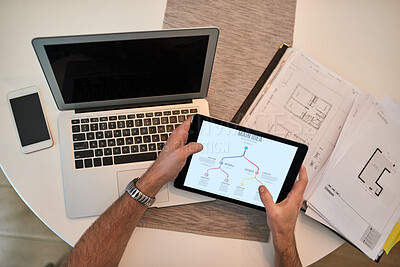 Buy stock photo Hands, tablet and floor plan in documents, office and architect with idea on technology, digital and house. New home, renovation and interior designer with blueprint, screen and display for person