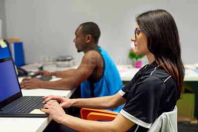 Buy stock photo Person trainer, laptop and people in gym for coach planning, schedule and workout routine in office. Fitness, professional and employees with computer for membership, sign up or online application