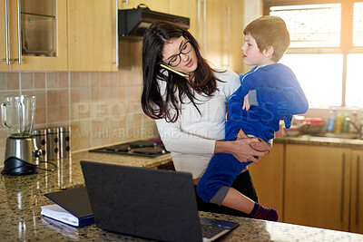 Buy stock photo Mother, child and phone call for remote work with stress in home, challenge and talking to contact on laptop in kitchen. Mom, kid and freelancer multitask on mobile, parenting and family together