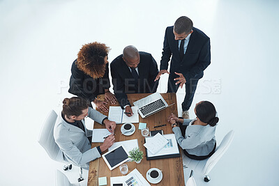 Buy stock photo Tablet, documents and above of business people in office for meeting, research and planning. Corporate, professional and workers on digital tech for feedback, financial review and collaboration