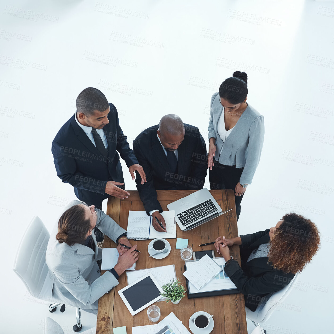 Buy stock photo Tablet, documents and above of business people for meeting, research and planning in office. Corporate, professional and workers on digital tech for feedback, financial review and collaboration
