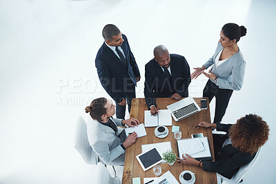 Buy stock photo Laptop, documents and above of business people for discussion, research and planning in office. Corporate, professional and workers with computer for feedback, financial review and collaboration