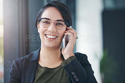 Buy stock photo Happy woman, portrait and business with phone call for friendly discussion by window at office. Female person or employee with smile on mobile smartphone for fun conversation or talking at workplace