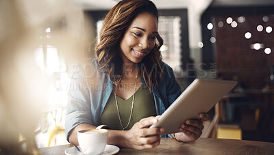 Buy stock photo Cafe, business and woman with tablet, smile and connection with internet, email notification and network. Person, copywriting and girl in restaurant, break or digital app with social media and relax