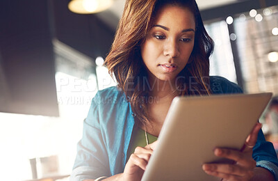 Buy stock photo Journalist, tablet and research with cafe, technology and online article for news. Woman, internet and website for web knowledge, coffee shop and remote freelance work or break for social media