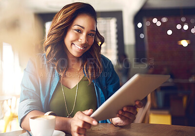 Buy stock photo Woman, tablet and portrait with coffee shop, technology and online article for news. Journalist, internet and website for web knowledge, cafe and remote freelance work or break for social media