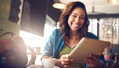 Buy stock photo Woman, tablet and smile with coffee shop, technology and online article for news. Journalist, internet and website for web knowledge, cafe and remote freelance work or break for social media