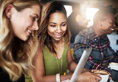 Buy stock photo Tablet, search or women at cafe for food choice, scroll or menu discussion for online order. Restaurant, service or girl on digital app for coffee shop feedback, review or customer experience survey