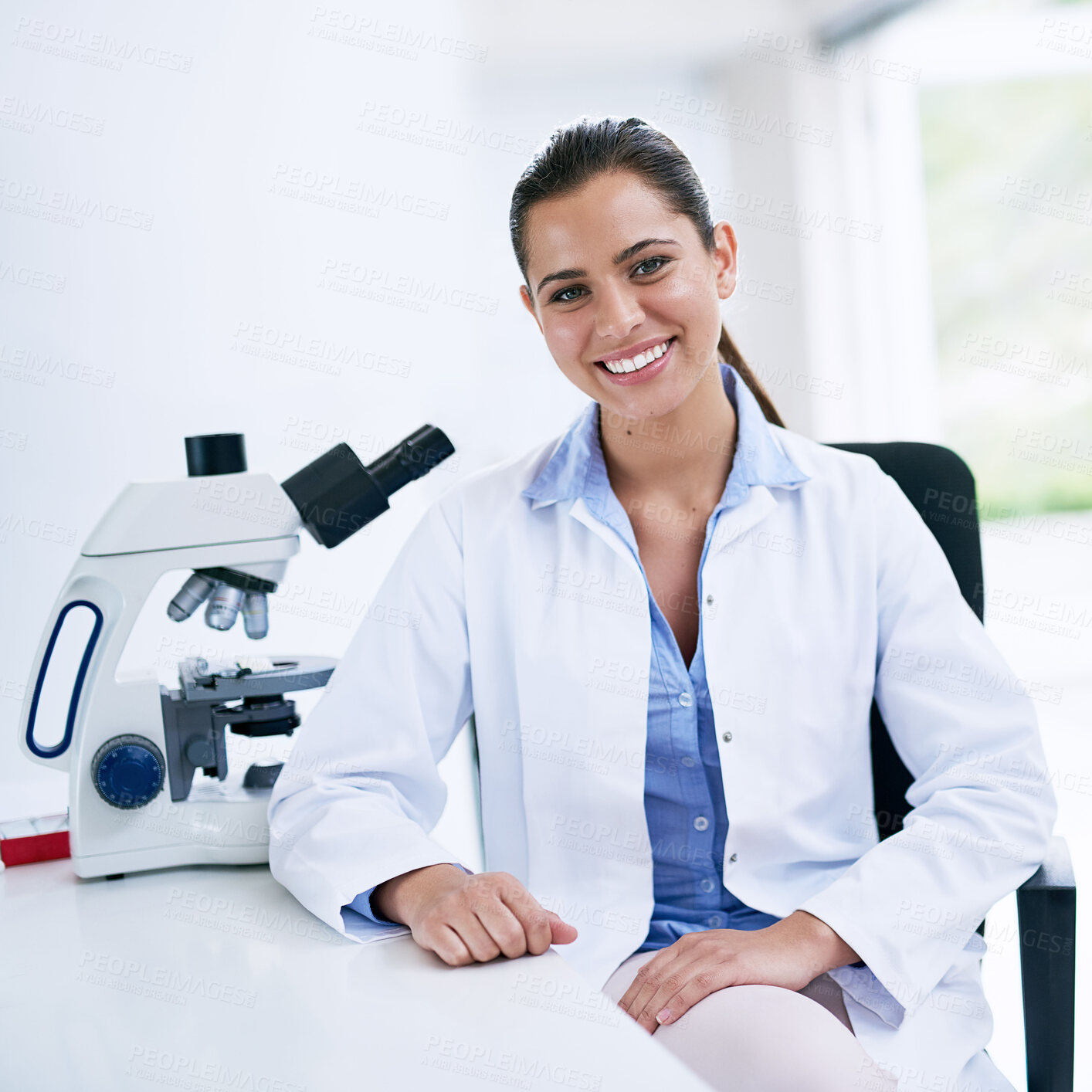 Buy stock photo Woman, portrait and smile with laboratory, microscope and tablet for research and discovery. Scientist, science and lab coat for forensics, breakthrough and drug innovation and life extension