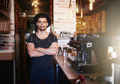 Buy stock photo Man, portrait and arms crossed as coffee shop barista for customer service, confidence or small business. Male person, entrepreneur and cafe employee or restaurant waiter as owner, welcome or machine