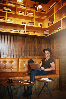 Buy stock photo Remote work, laptop and happy businessman at cafe for online planning or social media scroll on coffee break. Restaurant, computer and freelance fashion designer with web, search or communication