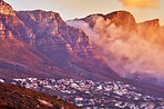 Wildfire, mountains and nature with smoke, emergency and threat with danger, city or buildings. Empty, forest and environment with plants, climate change or global warming with warning or Los Angeles