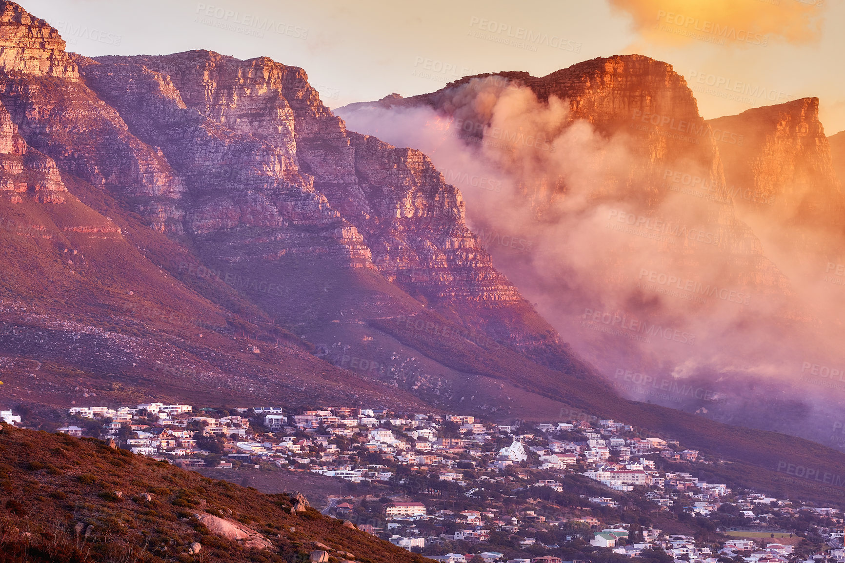 Buy stock photo Wildfire, mountains and nature with smoke, emergency and threat with danger, city or buildings. Empty, forest and environment with plants, climate change or global warming with warning in Los Angeles