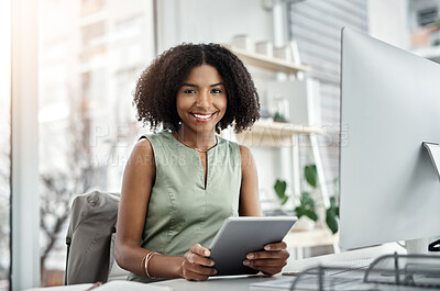 Buy stock photo Happy, portrait and black woman with tablet for business, research or data at office desk. Young African, female person or employee with smile on technology for browsing, communication or finance