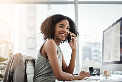 Buy stock photo Happy black woman, portrait and discussion with phone call for business proposal or communication at office. African female person, financial advisor or smile with mobile smartphone for conversation