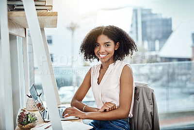 Buy stock photo Woman, laptop and portrait or smile in office, search and company website with technology. Communication, web designer and internet project for work, online business for information or networking