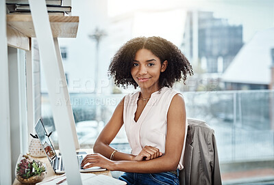 Buy stock photo Woman, laptop and portrait in happy or office, search and company website with technology. Communication, web designer and internet project for work, online business for information or networking
