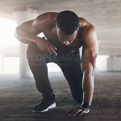 Buy stock photo Exercise, parking lot and man with fitness, workout and training on concrete with power. Health, wellness and outdoor with lens flare of an athlete with break and sweating in lunge on the ground