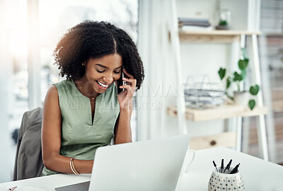 Buy stock photo Phone call, laptop and businesswoman in office, mobile and virtual conversation in workplace. Computer, smile and communication for planning, corporate manager and social chat with clients online