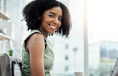 Buy stock photo Happy, portrait and black woman in office as financial advisor for planning and asset management. Corporate, finance and worker in USA with smile in workplace for admin and professional consultation
