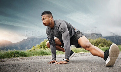 Buy stock photo Man, stretching legs and music before training, fitness and workout on road outdoor. Male athlete, headset and exercise for health, wellness and flexibility with endurance or balance in nature