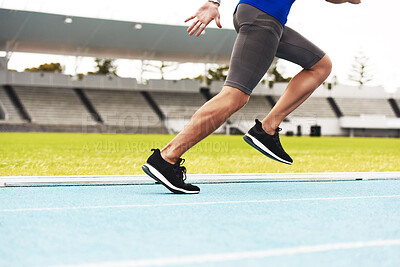 Buy stock photo Legs, running and exercise in stadium for marathon with race competition, cardio workout and health. Athlete, outdoor training and speed at run track for fitness action, strong body and sports event