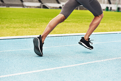 Buy stock photo Legs, running and exercise in stadium with health for race competition, cardio workout and marathon. Athlete, outdoor training and speed at run track for fitness action, strong body and sports event